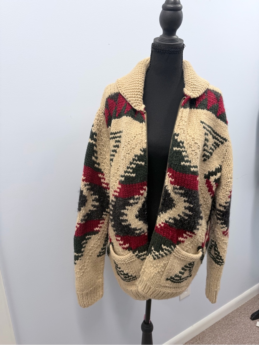 Eddie Bauer Beige Zip-Up Aztec Knit Sweater with Red & Green Accents